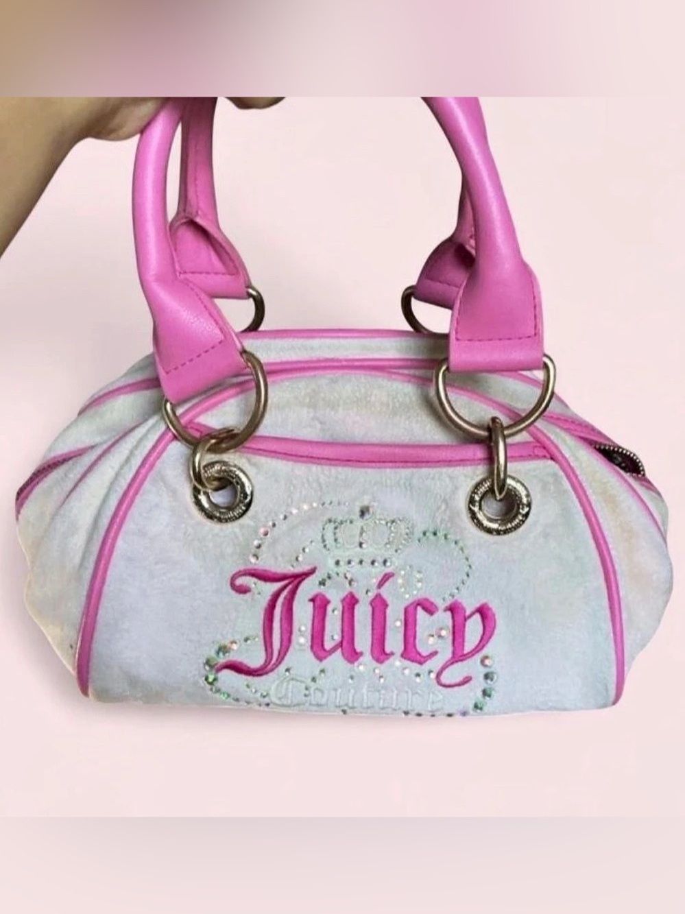 Juicy Couture Vintage Velour Bowler Bag Pink & White